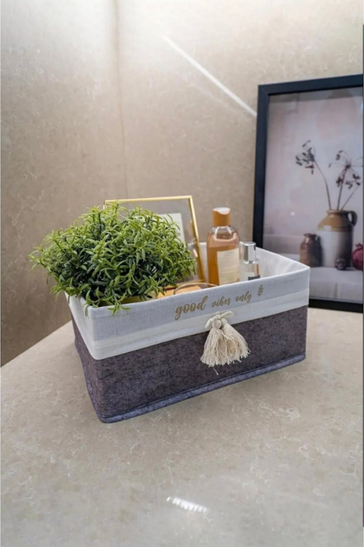 Dikdörtgen Keçe Dekoratif Saklama Sepeti Maxı 30x20x13 cm - Gri