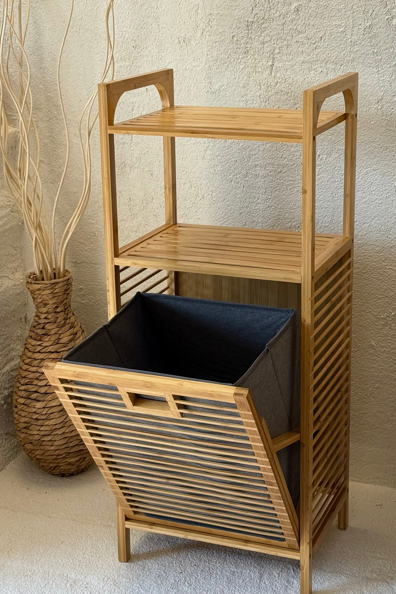 2 Adet Eva Medusa Bambu Kirli Çamaşır Sepeti 2 Katlı Raf Banyo Dolabı 95x40x30 cm