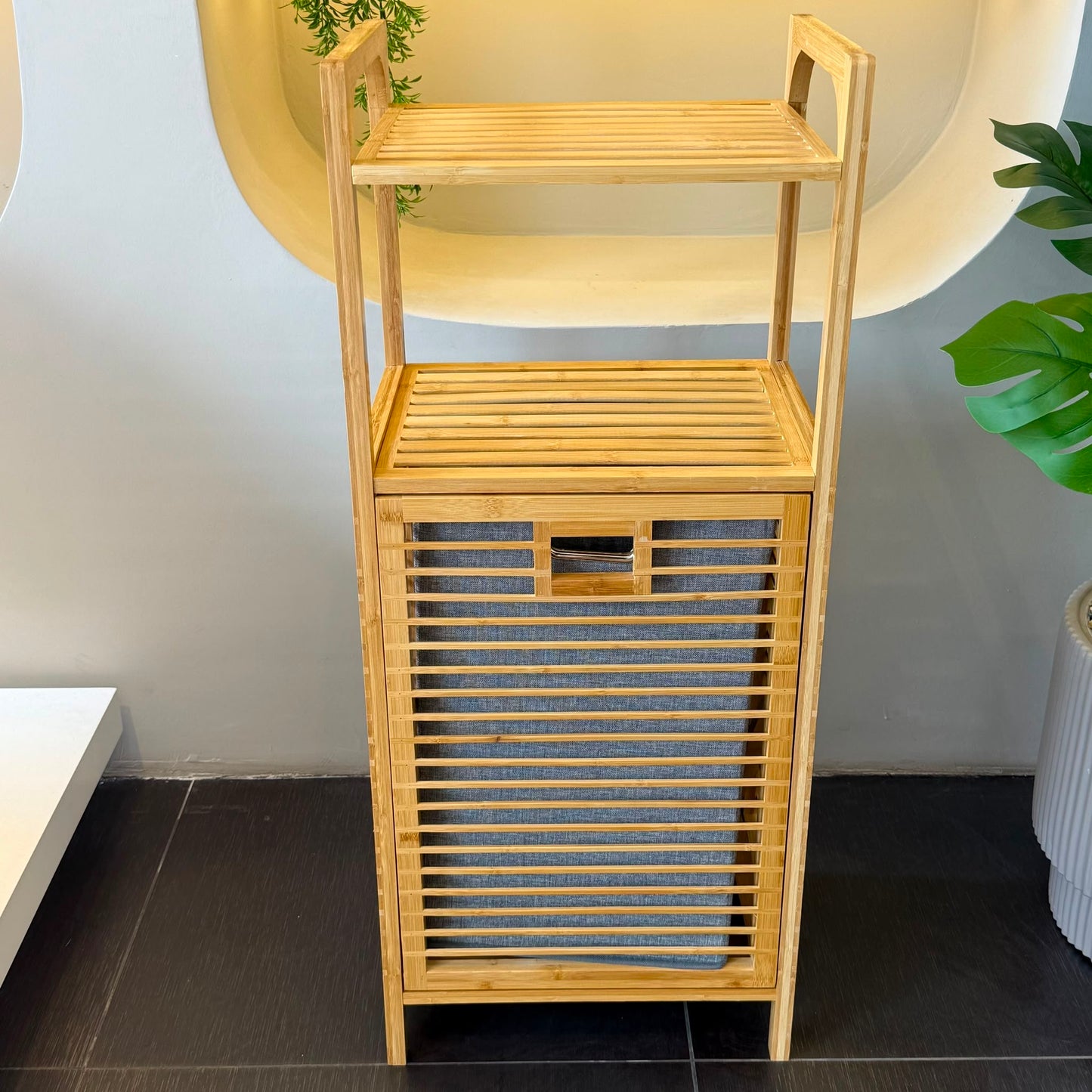 AURENO Bambu Kirli Çamaşır Sepeti 2’li Set – 2 Katlı Raflı Banyo Dolabı 95x40x30 cm