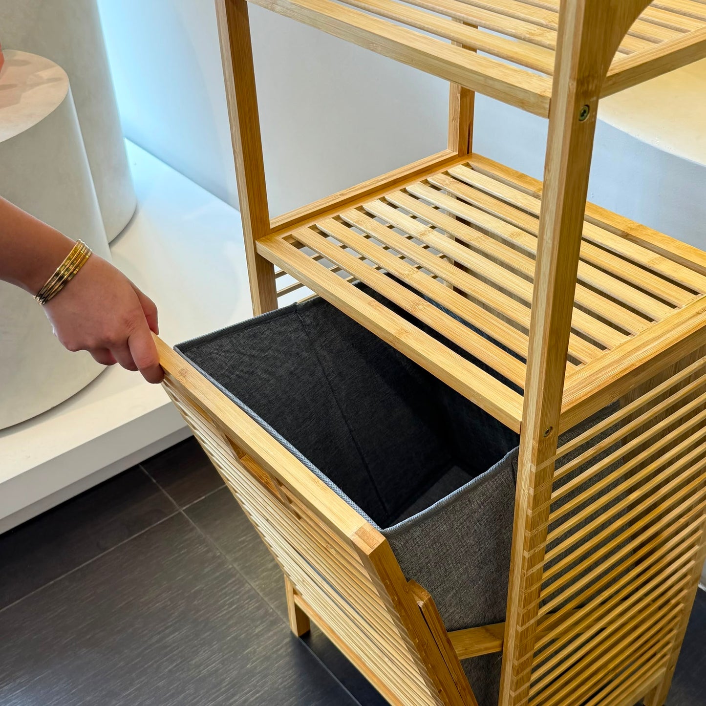 AURENO Bambu Kirli Çamaşır Sepeti 2 Katlı Raflı Banyo Dolabı 95x40x30 cm