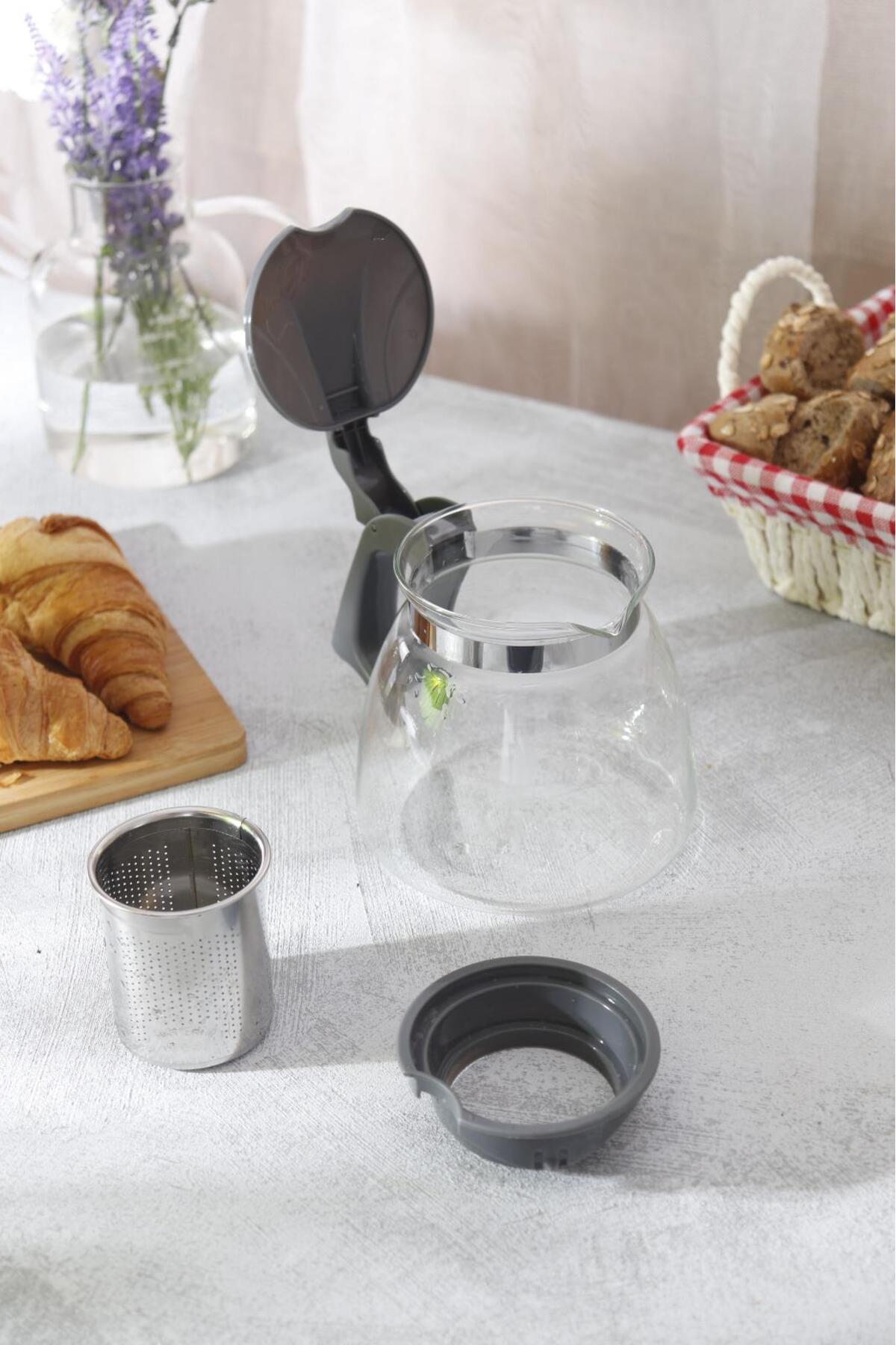 Gri Süzgeçli Cam Demlik 1100 ml