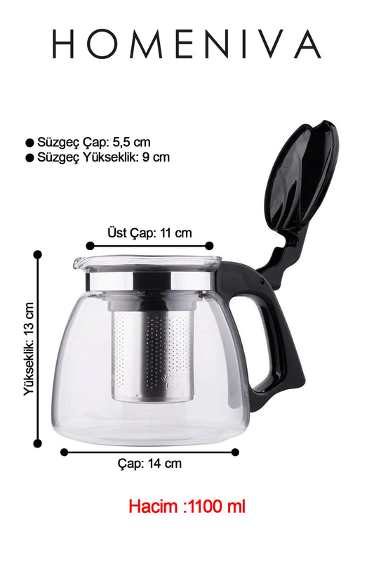 Siyah Süzgeçli Cam Demlik 1100 Ml