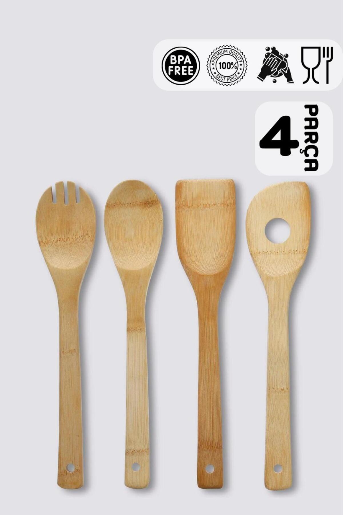 4 Parça Ahşap Servis Seti – Kaşık Spatula Seti