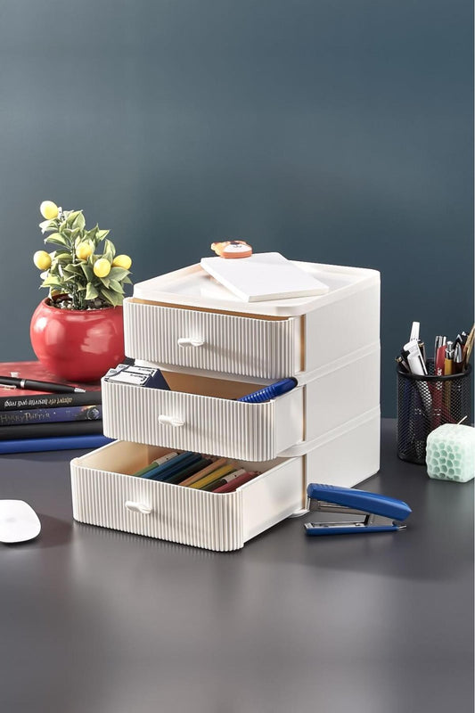 Triobox 3'lü Beyaz Takı, Makyaj Ve Kozmetik Düzenleyici Çekmece, Ofis Masa Düzenleyici