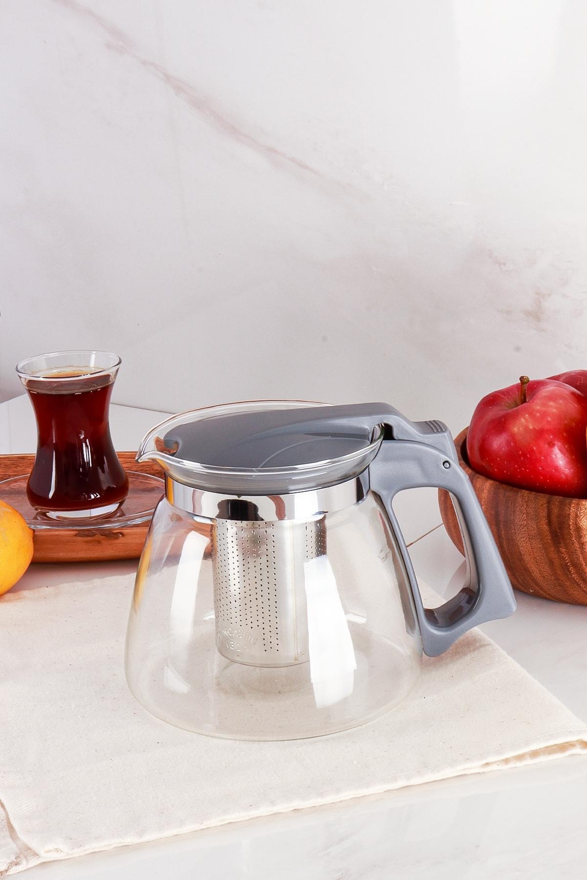 Gri Süzgeçli Cam Demlik 1100 ml