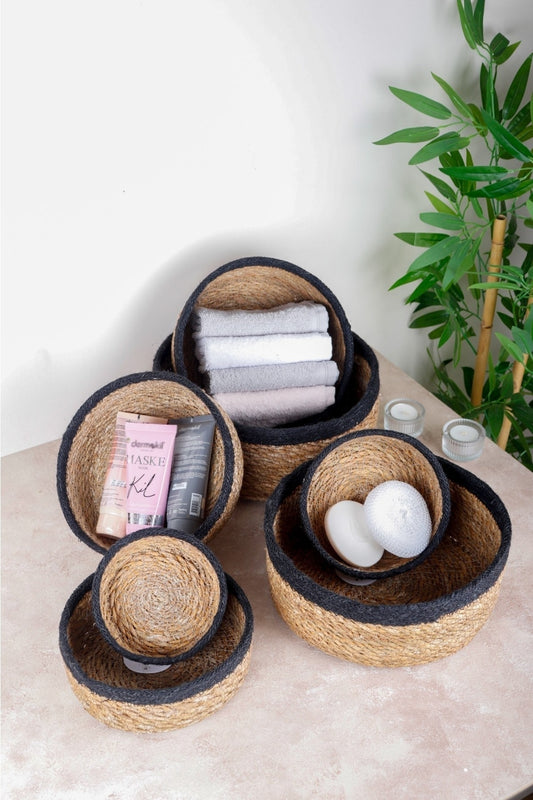 Naturel Hasır Sepet Organizer, Banyo Organizer, Siyah Şeritli 7 Boy