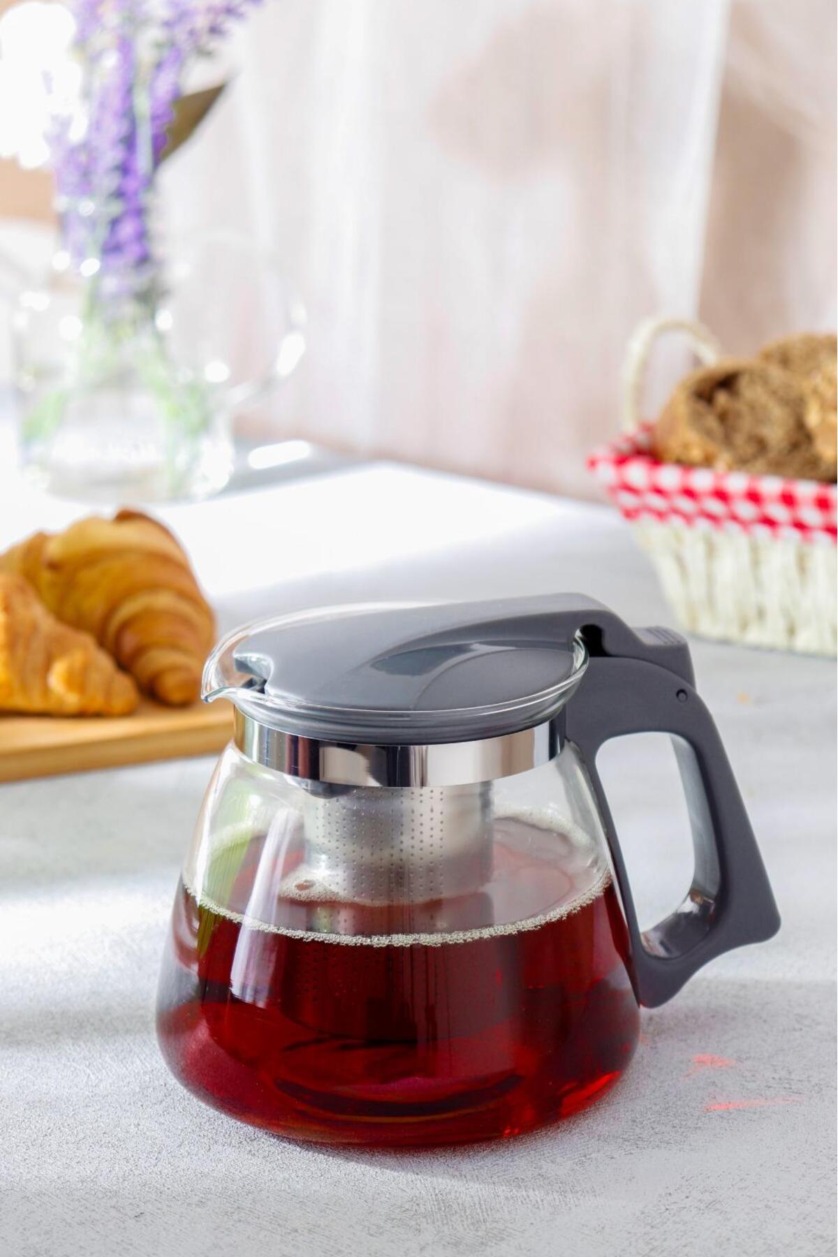 Gri Süzgeçli Cam Demlik 1100 ml