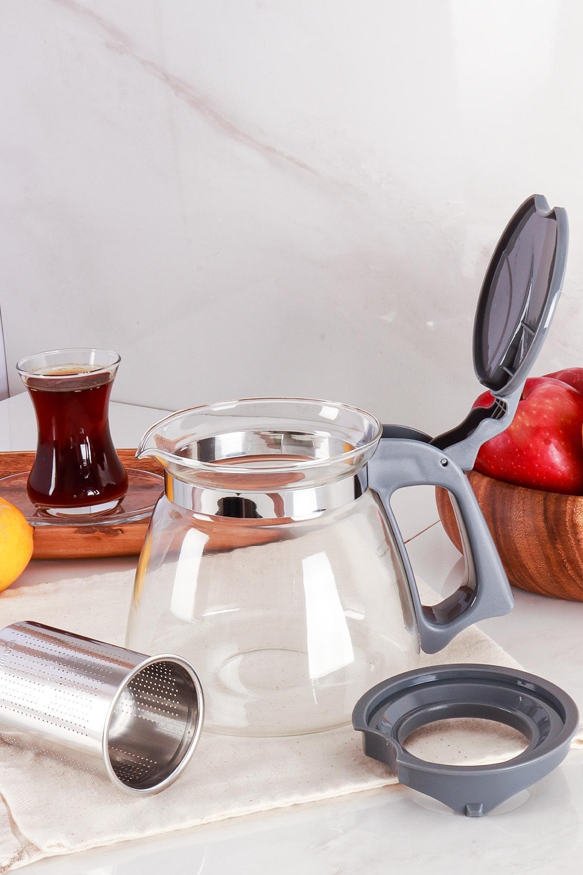 Gri Süzgeçli Cam Demlik 1100 ml