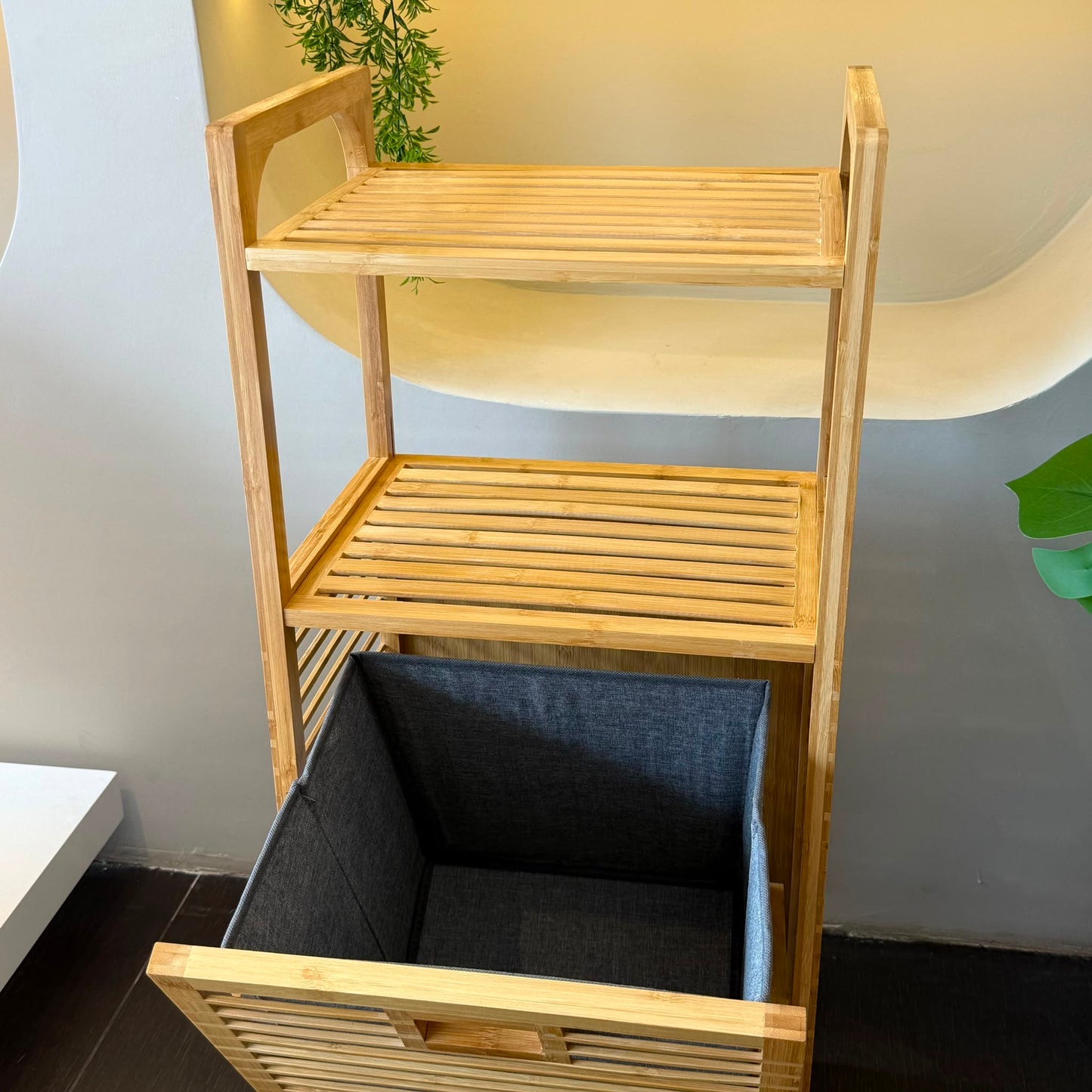 AURENO Bambu Kirli Çamaşır Sepeti 2 Katlı Raflı Banyo Dolabı 95x40x30 cm