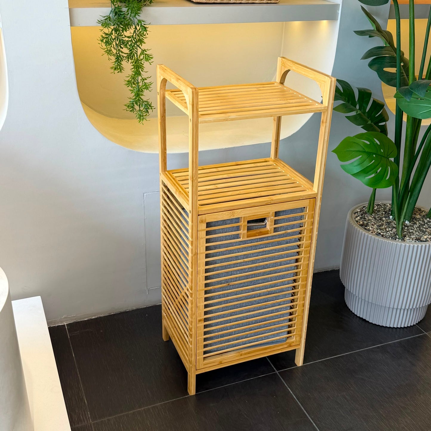 AURENO Bambu Kirli Çamaşır Sepeti 2 Katlı Raflı Banyo Dolabı 95x40x30 cm