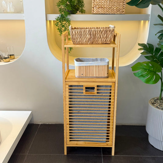 AURENO Bambu Kirli Çamaşır Sepeti 2 Katlı Raflı Banyo Dolabı 95x40x30 cm