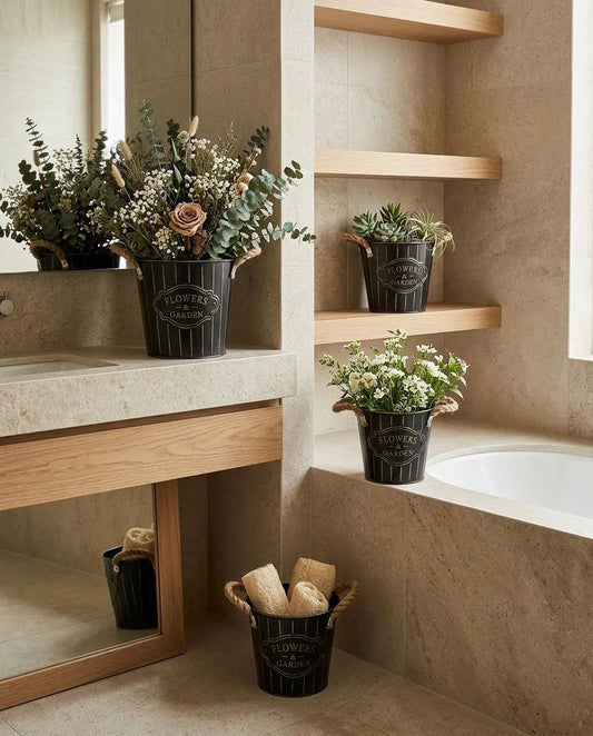 Flowers and Garden 4 Boy Metal Hasır Kulplu Saksı Siyah KOD:5791-92-93-94