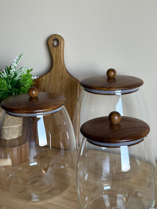 Vetronature Akasya Ağacı Kapaklı 3 Boy Cam Kavanoz Erzak Seti KOD:7667-68-69