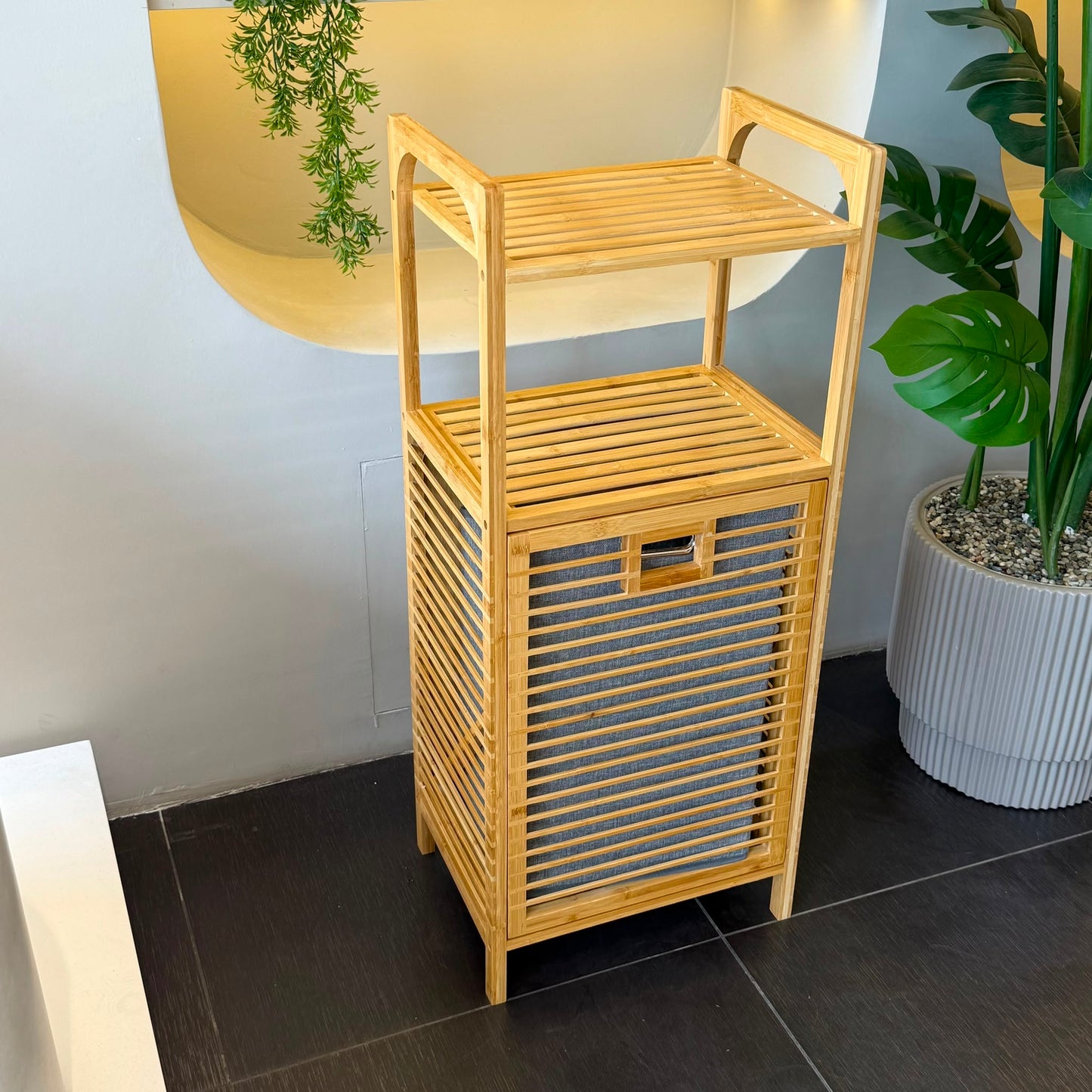 AURENO Bambu Kirli Çamaşır Sepeti 2 Katlı Raflı Banyo Dolabı 95x40x30 cm