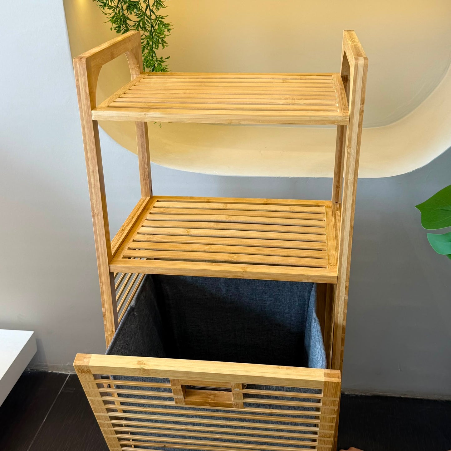 AURENO Bambu Kirli Çamaşır Sepeti 2 Katlı Raflı Banyo Dolabı 95x40x30 cm