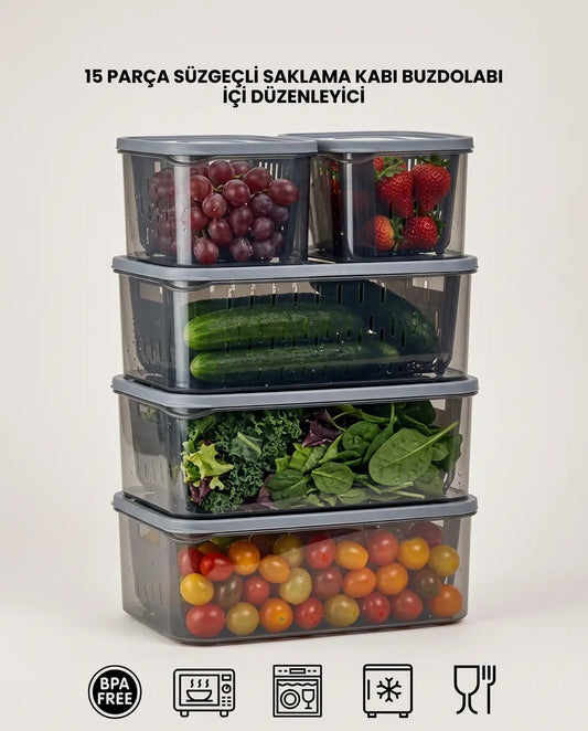 15 Parça Fresh Antrasit Süzgeçli Buzdolabı Saklama Seti