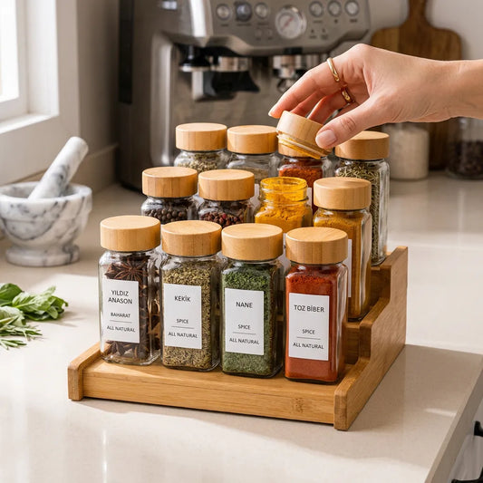 Motto Bambu Açılır Kapanır Stand 12 Li Cam Baharatlık Seti KOD:471