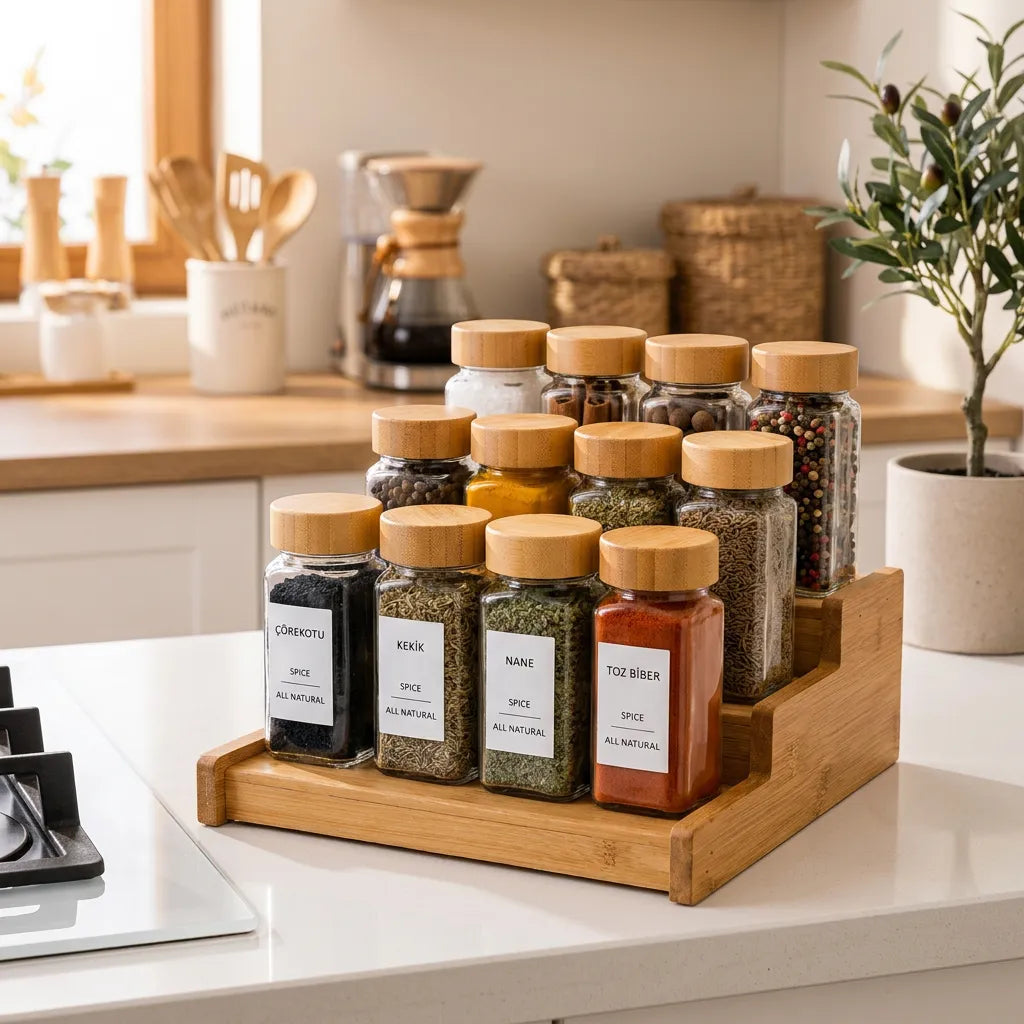 Motto Bambu Açılır Kapanır Stand 12 Li Cam Baharatlık Seti KOD:471