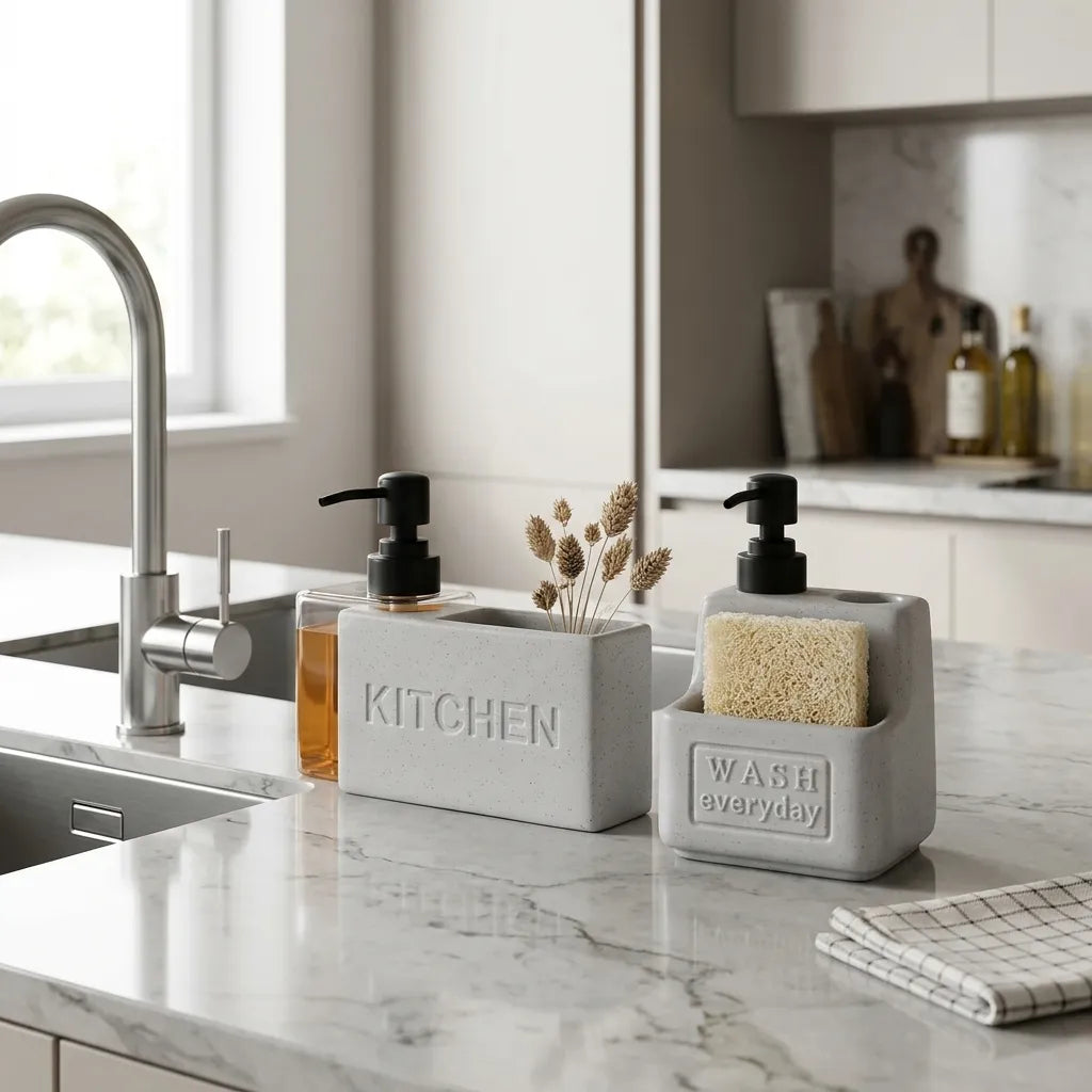 Kitchen Seramik İkili Sıvı Sabunluk Seti Açık Gri KOD:8018–17