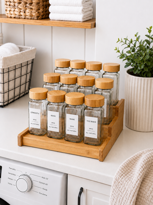 Motto Bambu Açılır Kapanır Stand 12 Li Cam Baharatlık Seti KOD:471