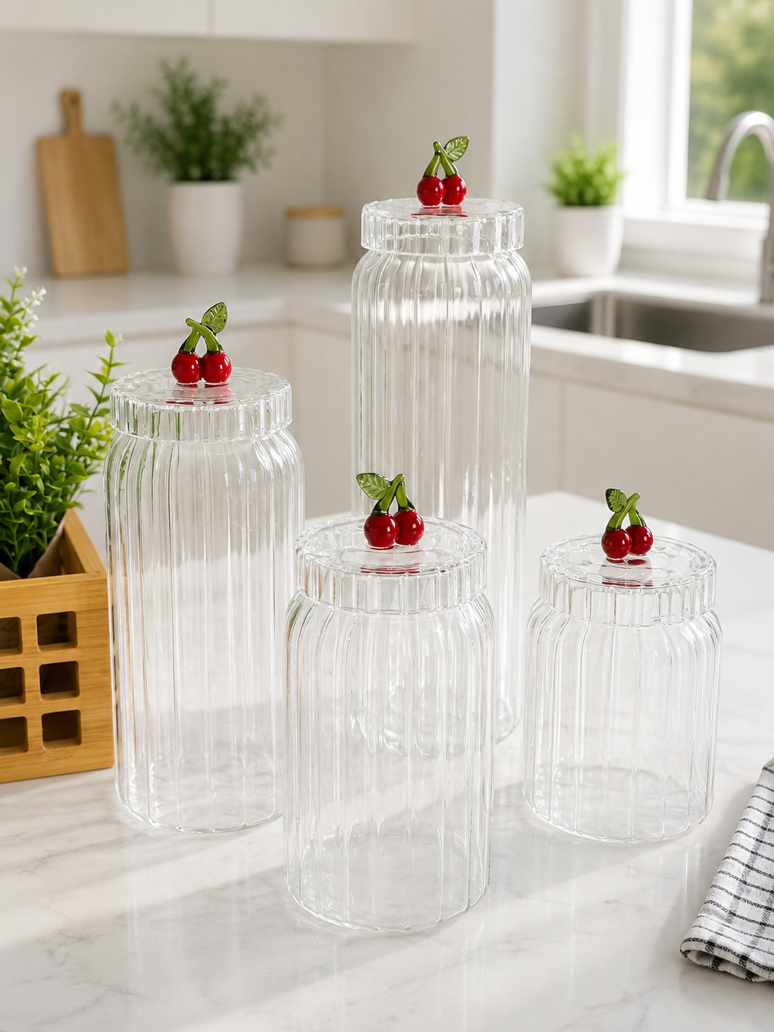 Strawberry Çizgili Borosilikat Cam Kavanoz Seti 4 Boy KOD:11341-42-43-44