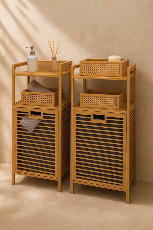 2 Adet Eva  Medusa Bambu Kirli Çamaşır Sepeti 2 Katlı Raf Banyo Dolabı 95x40x30 cm