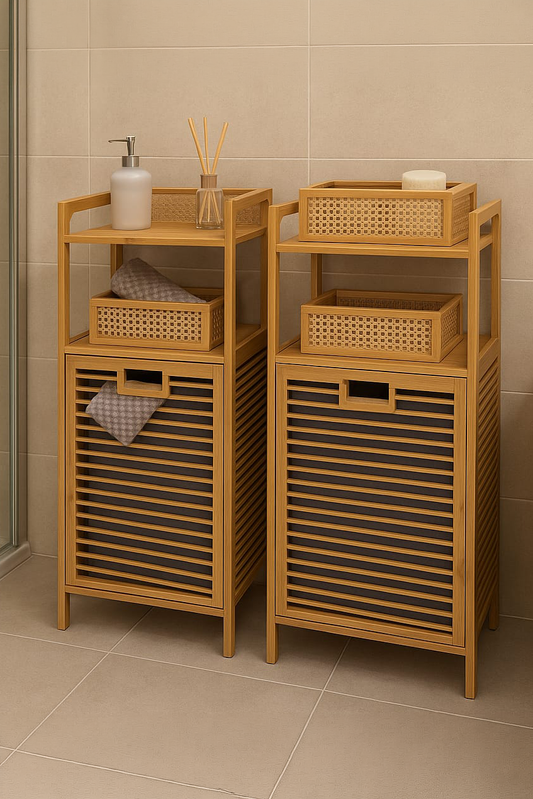 2 Adet Eva  Medusa Bambu Kirli Çamaşır Sepeti 2 Katlı Raf Banyo Dolabı 95x40x30 cm