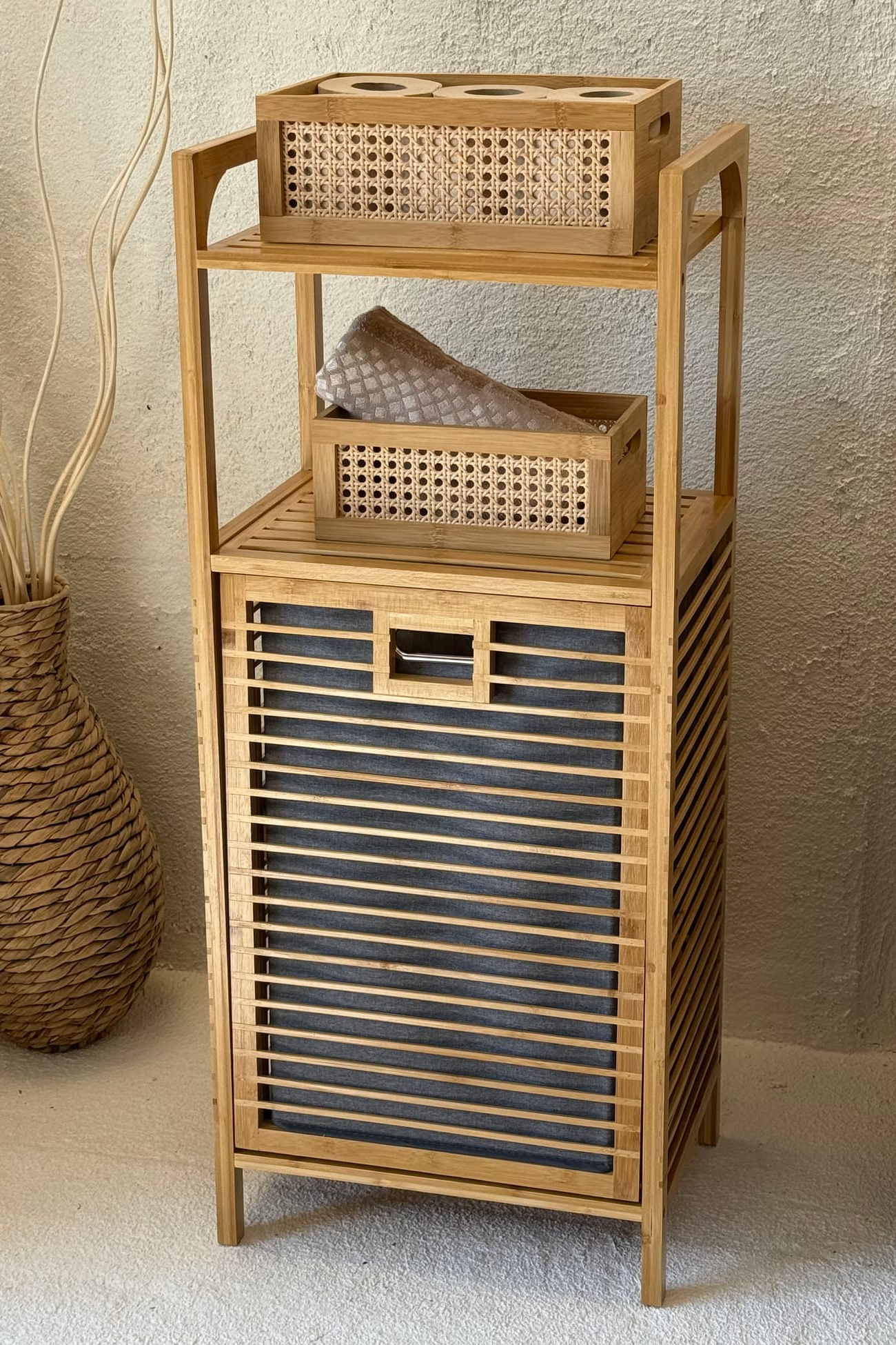 2 Adet Eva  Medusa Bambu Kirli Çamaşır Sepeti 2 Katlı Raf Banyo Dolabı 95x40x30 cm