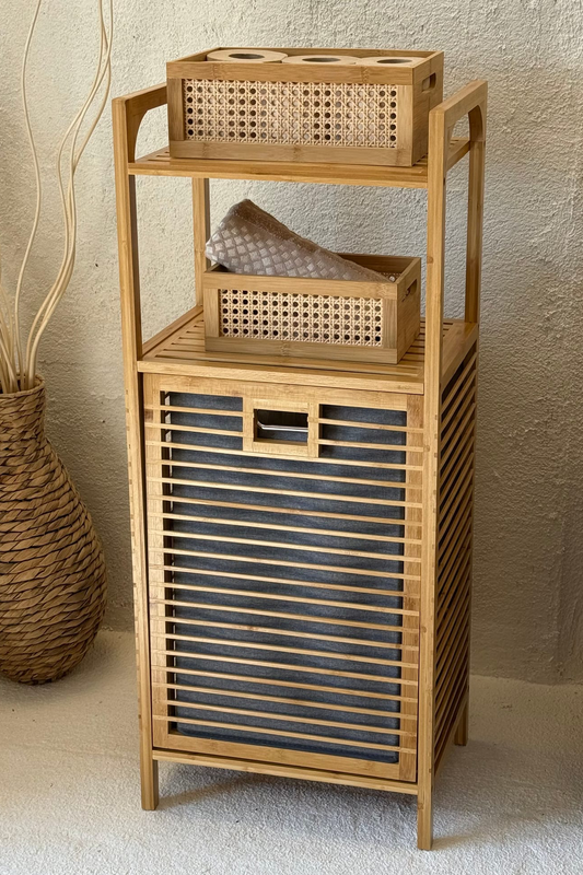 2 Adet Eva  Medusa Bambu Kirli Çamaşır Sepeti 2 Katlı Raf Banyo Dolabı 95x40x30 cm