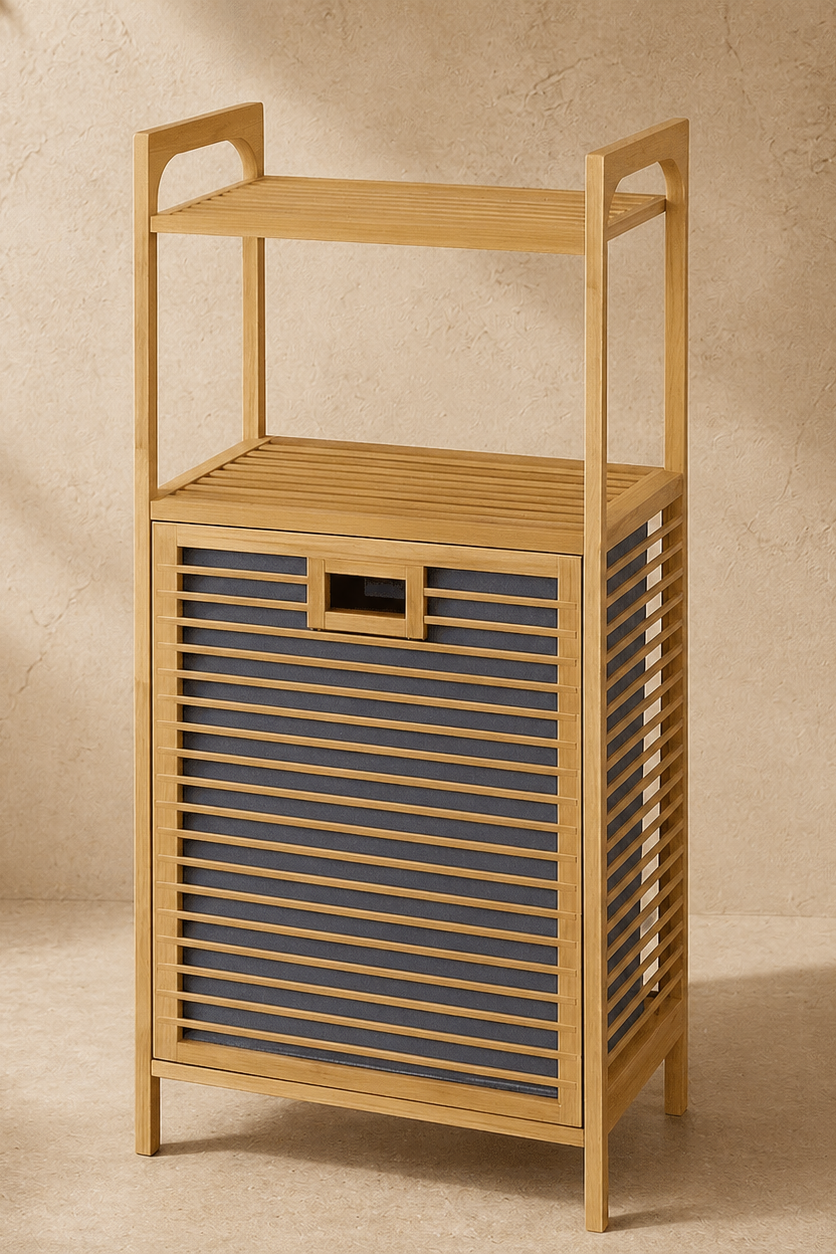 Eva  Medusa Bambu Kirli Çamaşır Sepeti 2 Katlı Raf Banyo Dolabı 95x40x30 cm