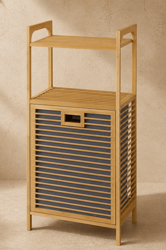 Eva  Medusa Bambu Kirli Çamaşır Sepeti 2 Katlı Raf Banyo Dolabı 95x40x30 cm