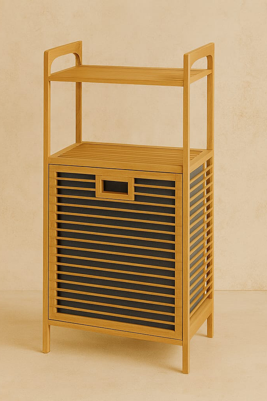 Eva  Medusa Bambu Kirli Çamaşır Sepeti 2 Katlı Raf Banyo Dolabı 95x40x30 cm