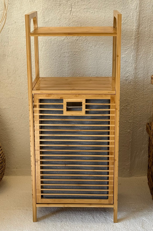 Eva  Medusa Bambu Kirli Çamaşır Sepeti 2 Katlı Raf Banyo Dolabı 95x40x30 cm