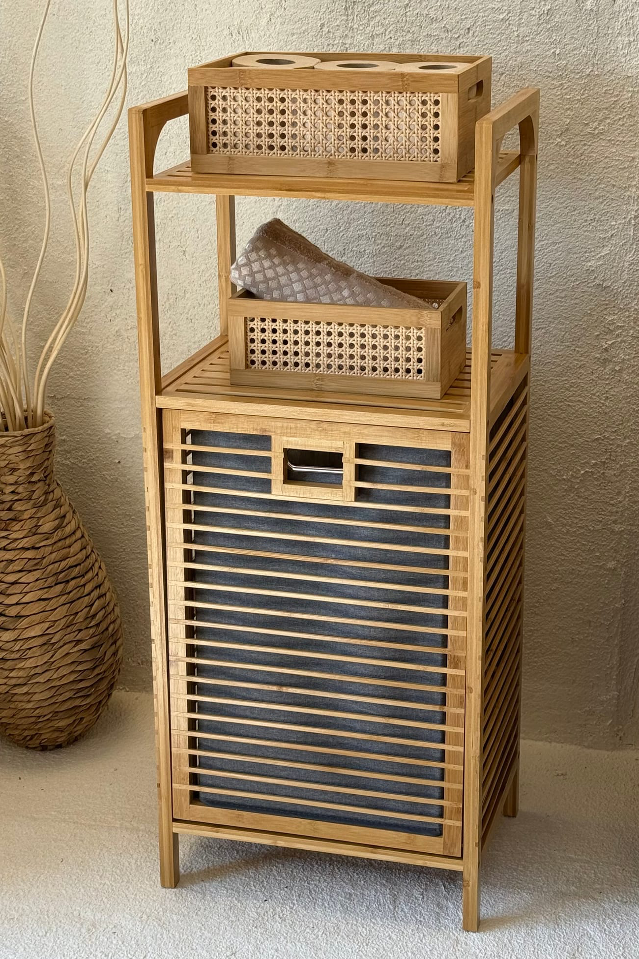 Eva  Medusa Bambu Kirli Çamaşır Sepeti 2 Katlı Raf Banyo Dolabı 95x40x30 cm