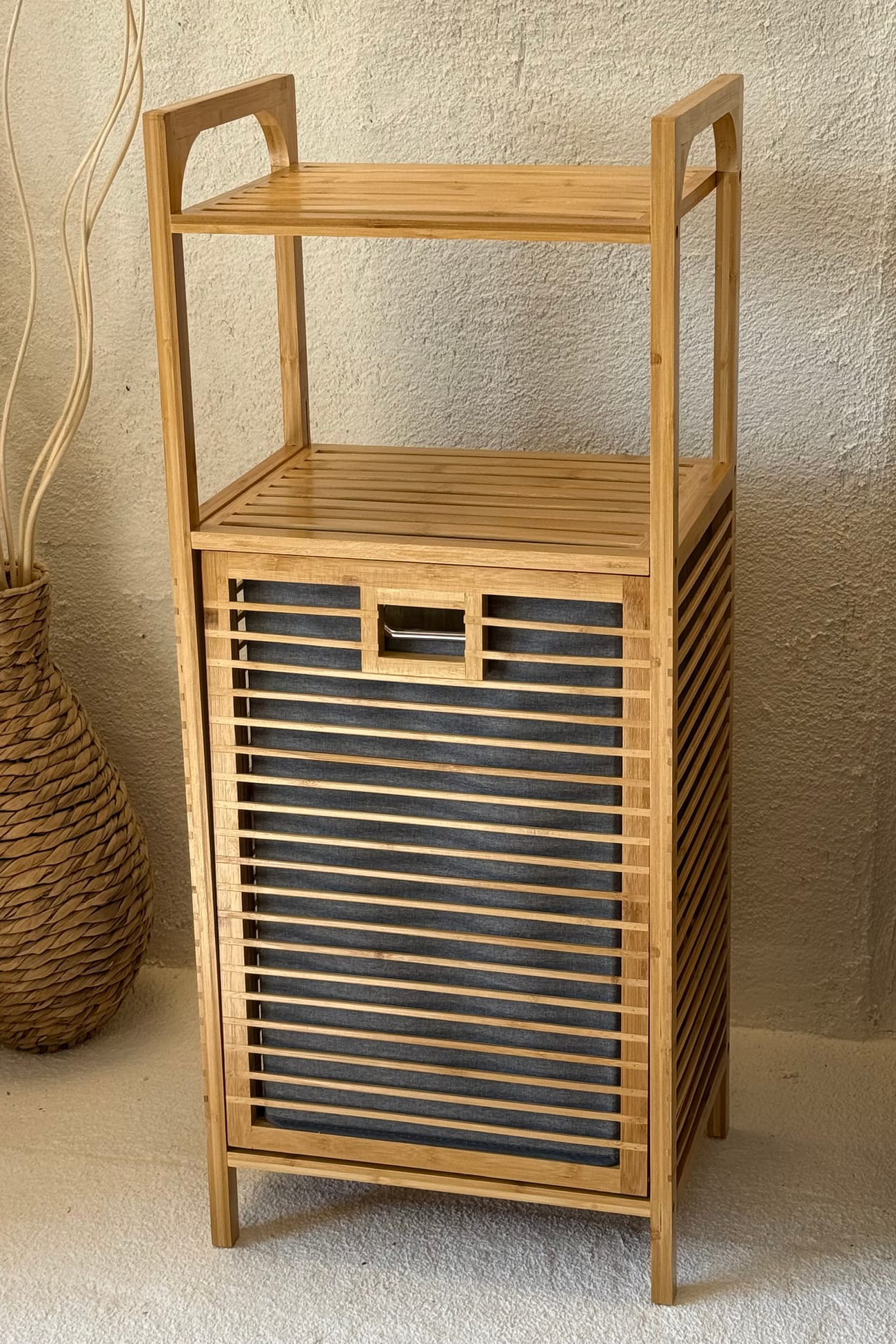 Eva  Medusa Bambu Kirli Çamaşır Sepeti 2 Katlı Raf Banyo Dolabı 95x40x30 cm