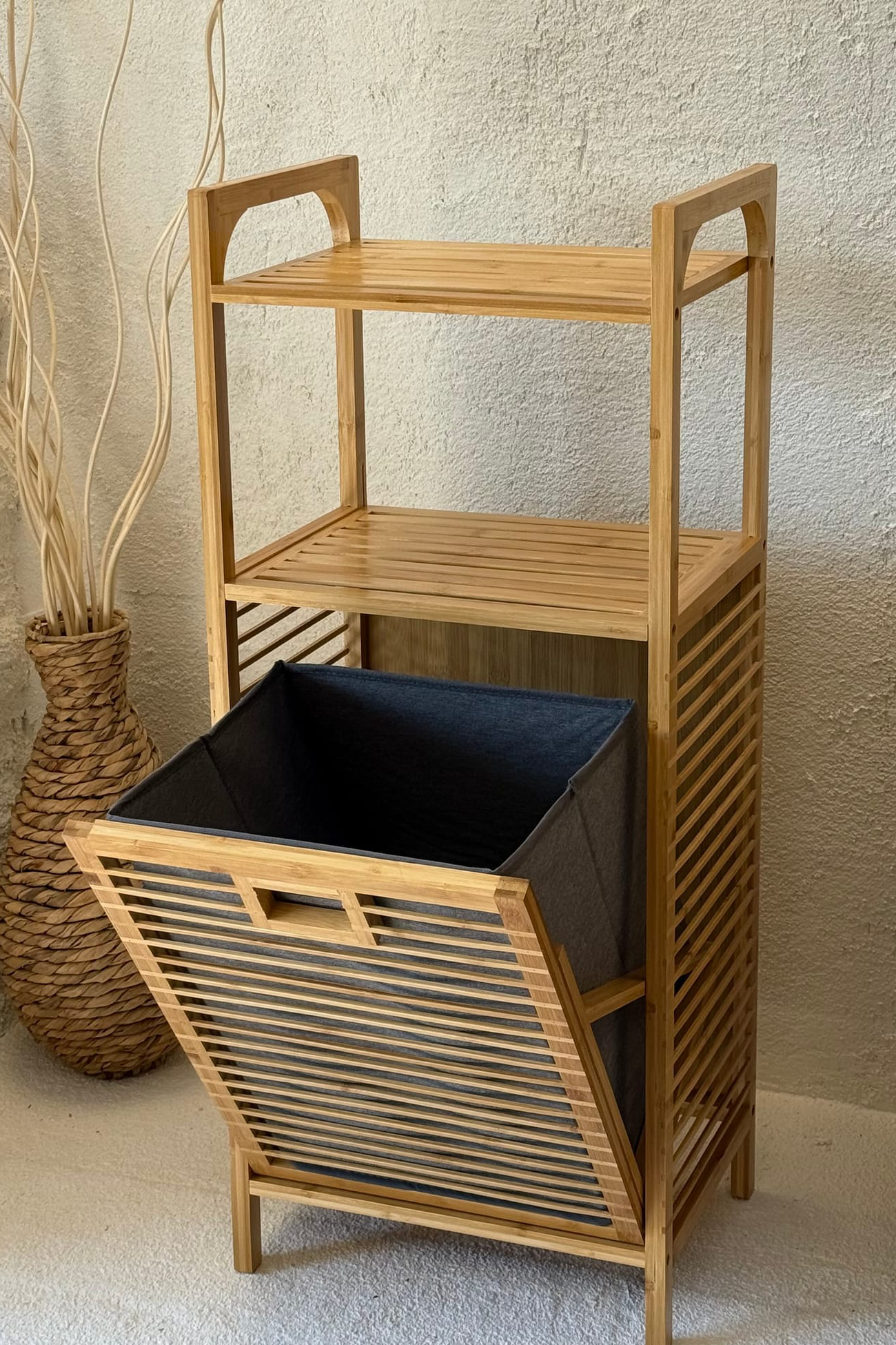 Eva  Medusa Bambu Kirli Çamaşır Sepeti 2 Katlı Raf Banyo Dolabı 95x40x30 cm